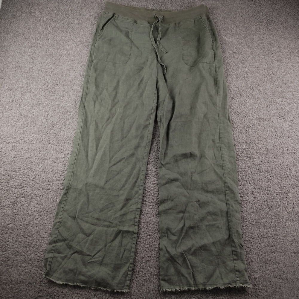 Blue Saks Fifth Avenue Vintage Green 100% Linen Wide Leg Drawstring Pants Medium